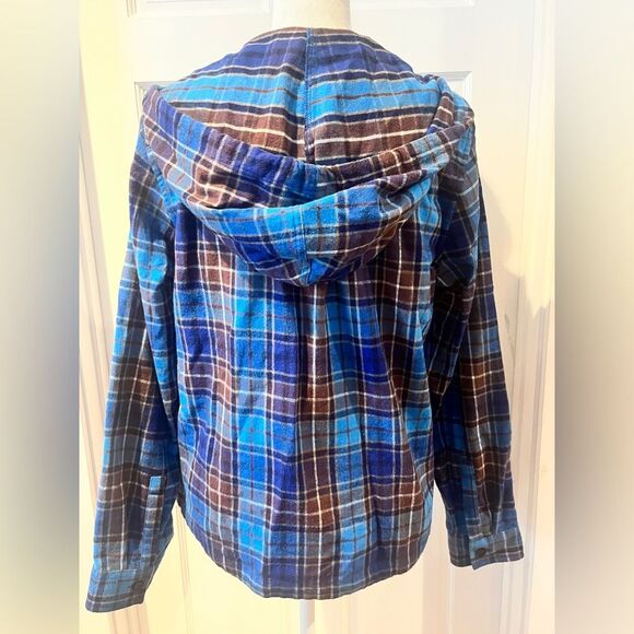 L.L.Bean blue flannel zip up jacket with hoodie Size XS Blue and Brown - Picture 6 of 10